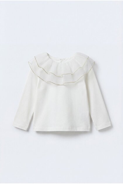 Girl's Cotton Pack White Tulle Flounce Collar Blouse - Gold Striped Detail