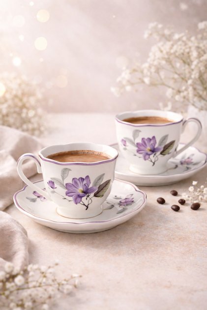 2-Piece Porcelain Coffee Cup Set Floral Print Stylish Presentation Cups for Turkish Coffee