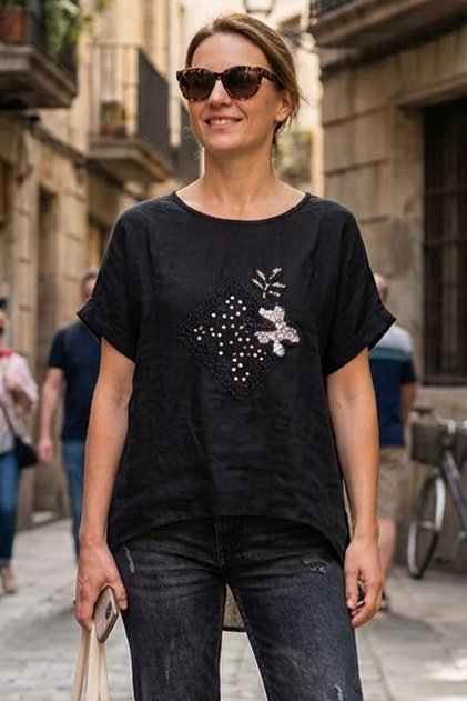 Women's Italian Black Sequin Embroidery Embroidered Short Sleeve 100% Ke Linen Luz