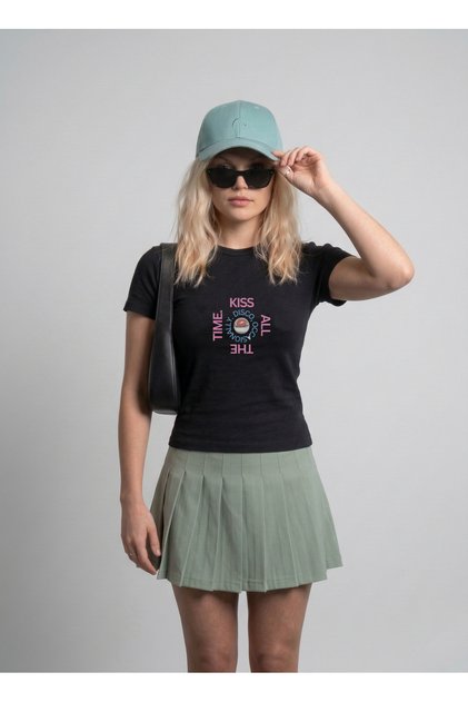 Kiss All the Time Disco Occasionally Printed Women's Lycra Body Black T-Shirt Short Sleeve Slim Fit