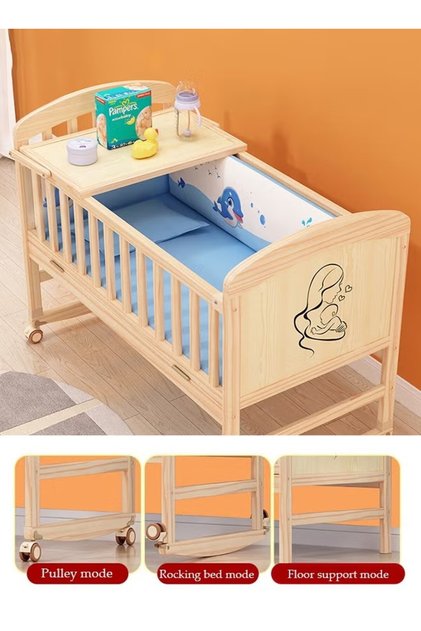 Portable Foldable Baby Crib 6 in 1 Wooden Baby Bed Adjustable Nursery Bed with Wheels(106 to 150cm)
