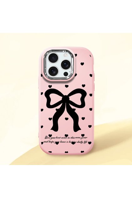 iPhone 16 Pro Compatible Camera Protected Pink Soft Silicone Phone Case Bowknot Patterned