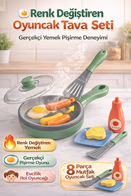 TRENDZONE Renk Değiştiren Gıdalı Oyuncak Tava Seti Evcilik Mutfak