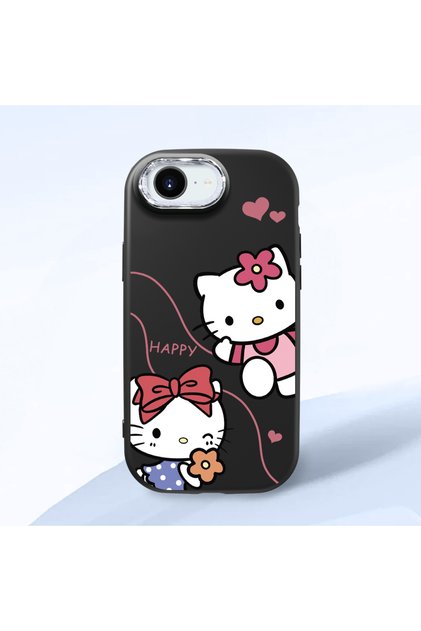 iPhone 16E Compatible Camera Protected Black Soft Silicone Phone Case Hello Kitty Patterned