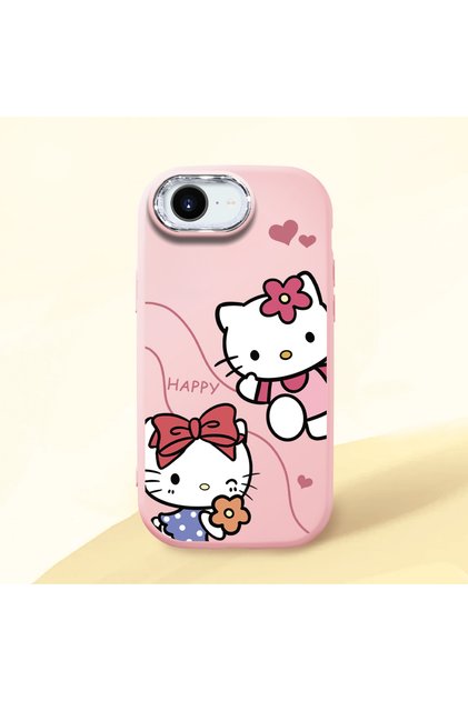 iPhone 16E Compatible Camera Protected Pink Soft Silicone Phone Case Hello Kitty Patterned