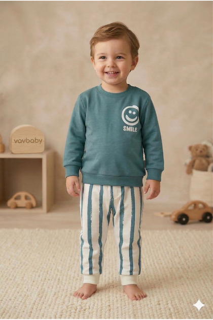 Baby Boy Smile Printed Navy Blue Top and Bottom Set Green