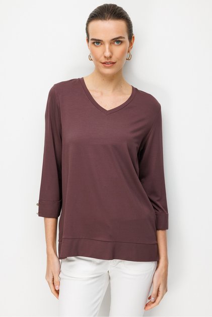 Women's V-Neck Combed Cotton Blouse Brown