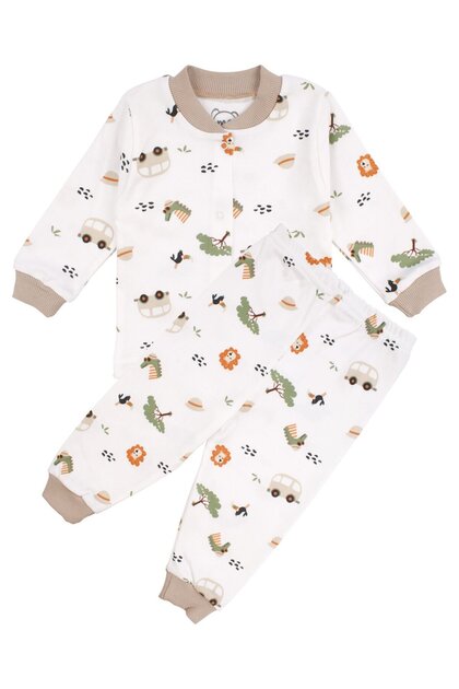 Baby Boy Ecru Bus and Animal Snap Fastener Pajama Set