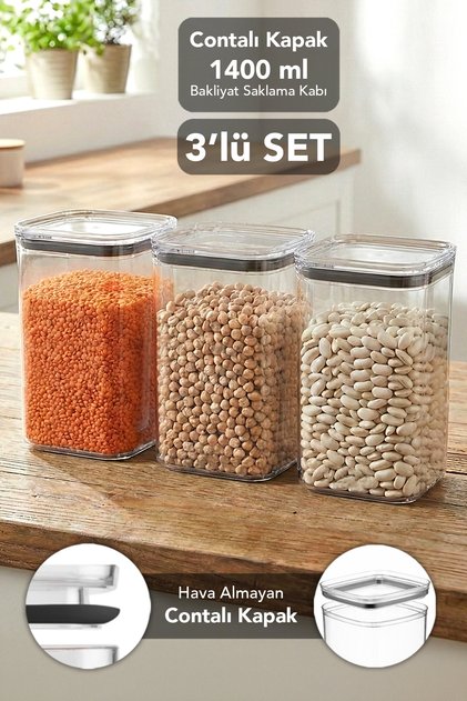3-Piece Pure Square Storage Container - Transparent Mica Airtight Food, Flour, and Legume Container with Sealed Lid 1400ml