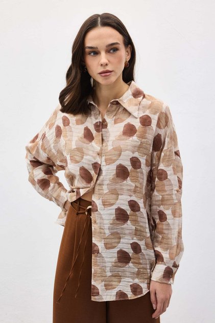 Slim Shirt with Folded Sleeves - Brown