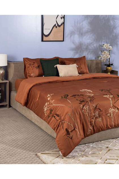 Beige Floral Embroidery Comforter Set King Size 240cm x 260cm (7 Piece)