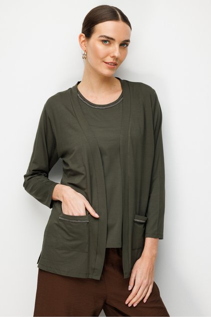 Women's V-Neck Collar and Pocket Chain Combed Cotton Cardigan Khaki