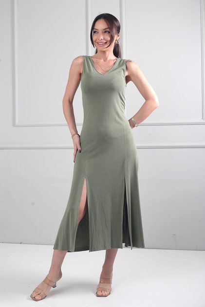 Women's Front Back V-Neck Front Slit Stretch Fabric Long Dress
