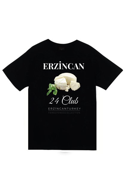Erzincan 24 Tulum Peyniri Girlevik Şehir Printed Unisex %100 Cotton Black T-Shirt