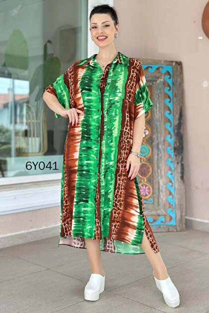 Polo Collar Buttoned Viscose Dress 6Y041