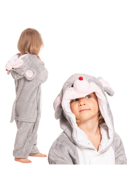 Pijama salopetă Kigurumi pentru copii — costum onesie gri model șoricel, 125-135 cm