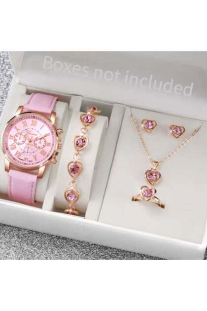5/6 Piece Women's Quartz Watch Set with Leather Band and Heart-Shaped Analog Watches