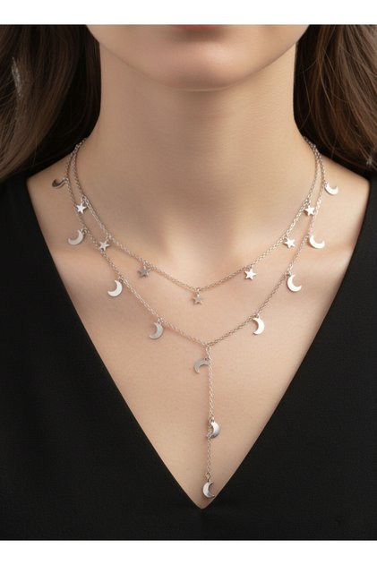 Gümüş Işıltısı Ay Yıldız Y Kolye