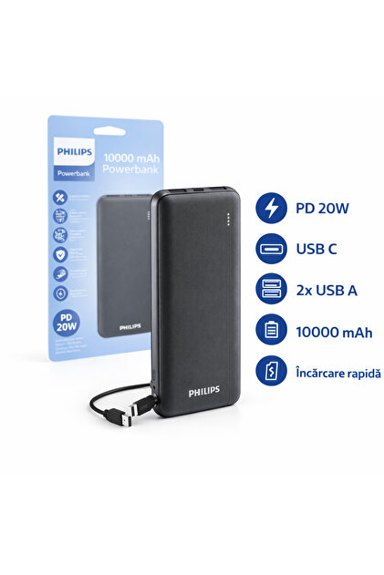Εξωτερική μπαταρία, Philips, 10000 mAh, 20W, USB C, 2 x USB A, περιλαμβάνεται καλώδιο