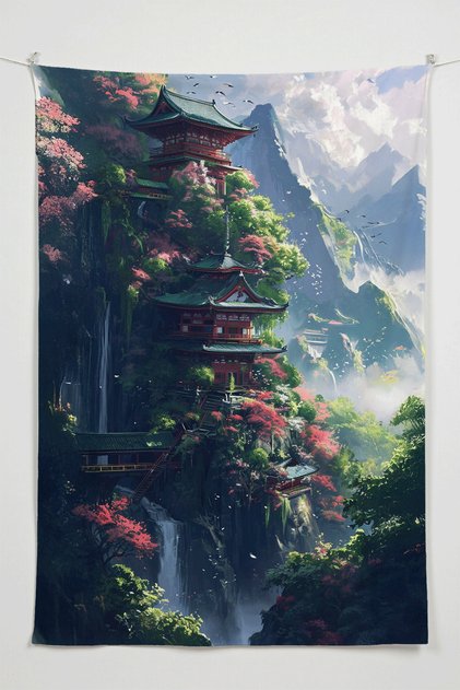 Sakura Castle Wall Covering – Large Size Tapestry Wall Art Rug Sq, Game Anime Movie Room Decor