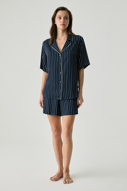 Viscose Satin Textured Striped Shorts Set