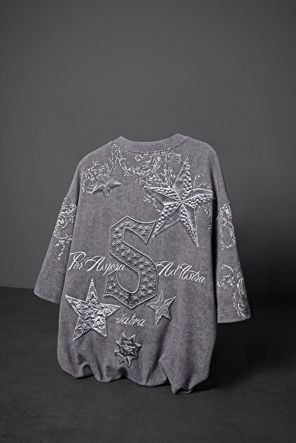 Men's Gray Superstar Printed Oversized Washed Effect Tshirt