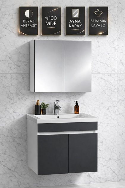 65 cm Beyaz - Antrasit Gri Mat Banyo Dolabı Takımı - Aynalı Seramik Lavabolu Mdf Banyo Dolap Seti