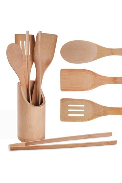 Set 4 ustensile de gătit din bambus , prietenoase, linguri, spatulă și clește, cu suport rotund