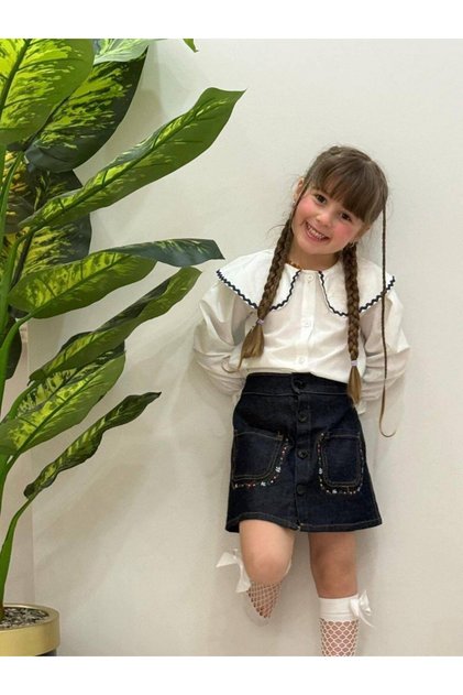 Cg Kids Denim Skirted Floral Embroidered Shirt Girls' Top and Bottom Set Super Quality