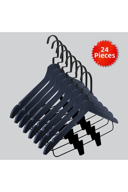 Wooden (Black Hook Lama) Latch Shirt and Skirt Hanger Black Color 24 Pieces