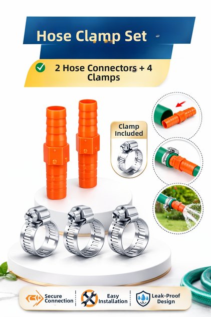 Garden Hose Set Including 1/2 Hose Connector, 2 Connection Adapters and 4 Clamps