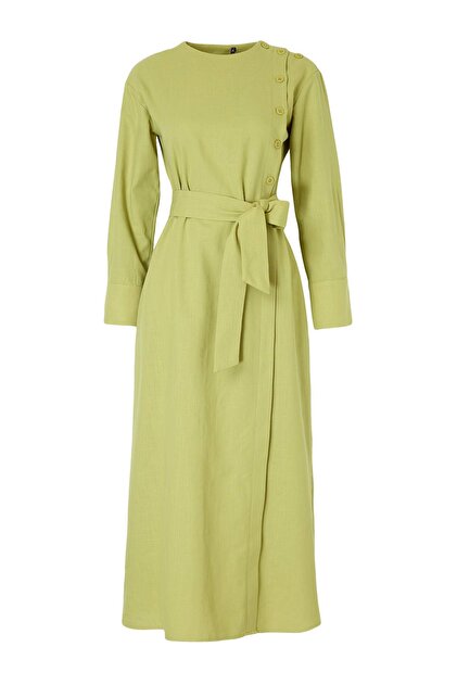 chinese dress ladies Modest Linen Green Floral Cottagecore Custom Made Dress 3048 – Xiaolizi