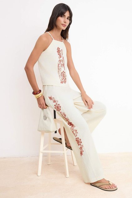 Multi-Colored Bead Embroidery Blouse Wide Leg Thin Fabric Trousers Woven Bottom - Top Set Twoss26Au00151