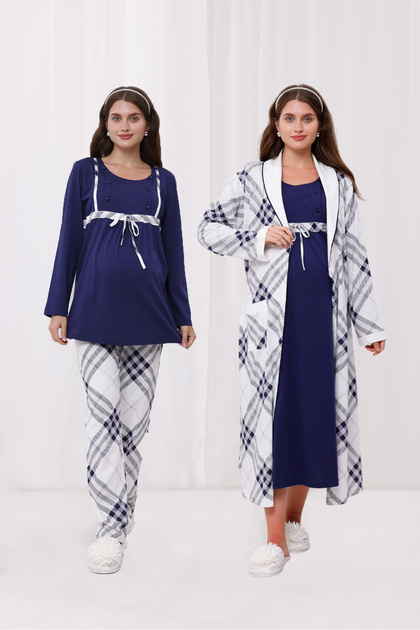 Navy Blue Patterned Cotton Winter Long Sleeve Maternity Pajamas Set and Nightgown 4-Piece Set