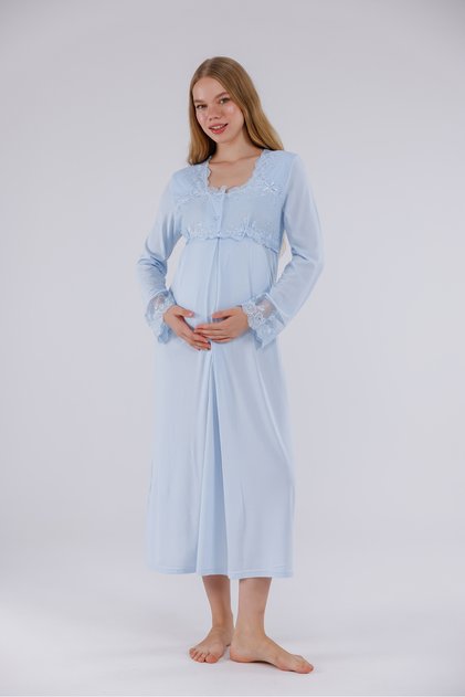 Blue Special Lace Detailed Nursing-Friendly Long Sleeve Cotton Maternity Nightgown