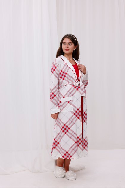 Cherry Plaid Long Sleeve Cotton Full Length Maternity Nightgown-Pajamas Set of 2