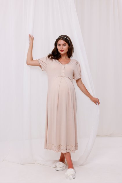Beige Ribbon Detailed Maternity Nightgown with Breastfeeding Features