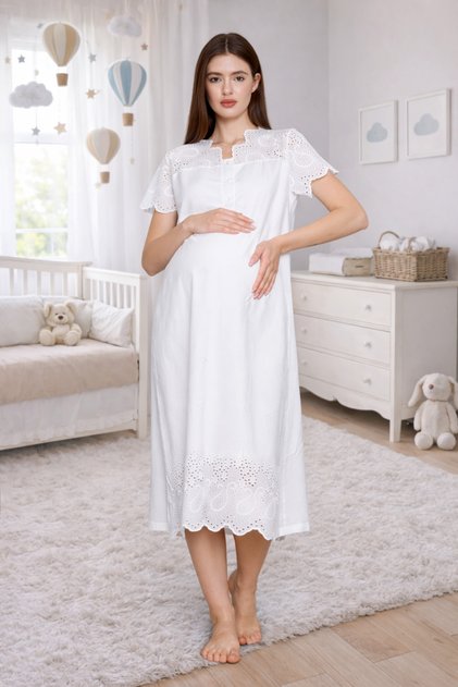 Ecru Fisto Linen Special Design Cotton Maternity Nightgown