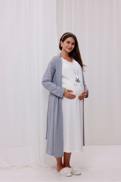 Blue Rabbit Patterned Cotton Long Sleeve Full Length Maternity Nightgown-Robe Set of 2
