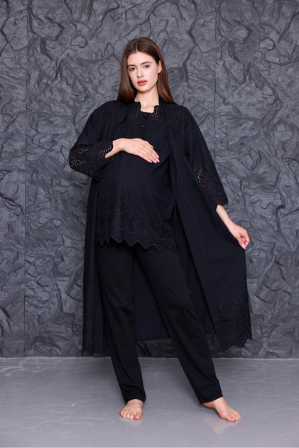 Black Fisto Linen Maternity Maternity Pajama Set of 3