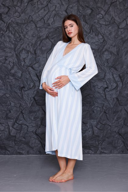 Blue Striped Maternity Nightgown with Breastfeeding Feature Set of 2