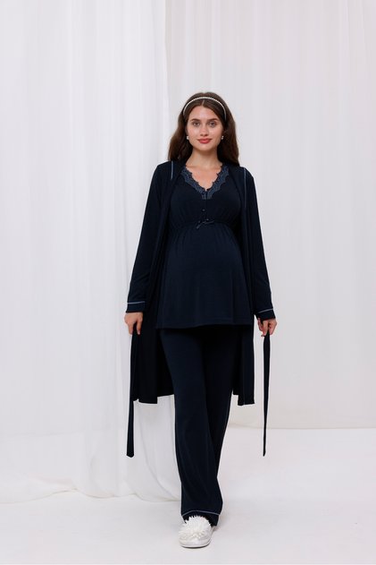 Navy Blue Melange Lace Collar Maternity Maternity Morning Dress 3-Piece Pajama Set