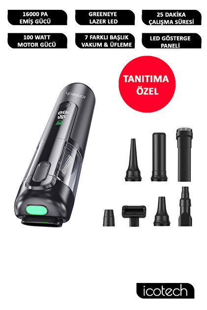 icotech MC20 Siyah GreenEye Lazer 16000 Pa Mini Araç El Süpürgesi