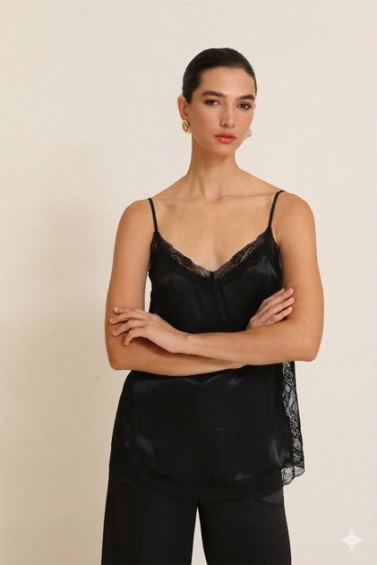 Black Satin Lace Detailed Strappy Comfortable Cut Blouse