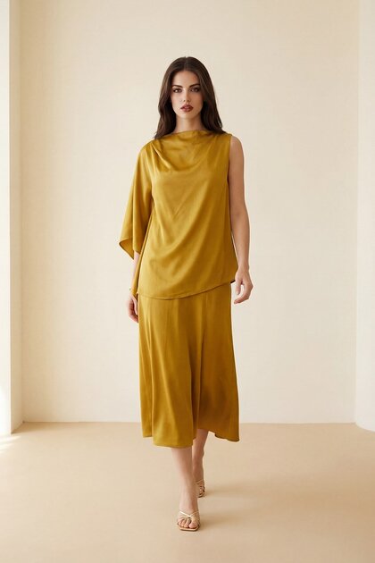 Safran Asymmetric Collar Detailed, One-Sleeve Blouse