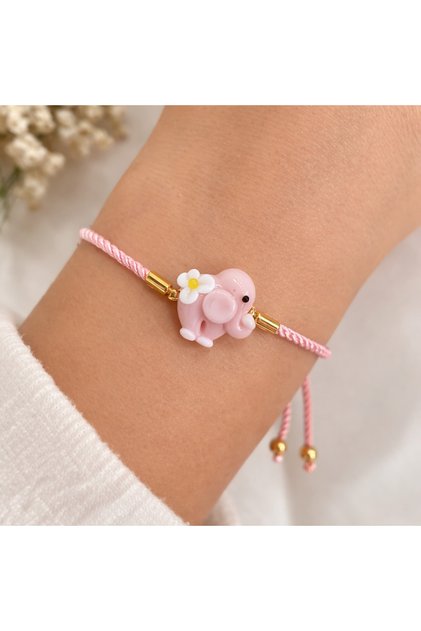 Pink Floral Elephant Murano Glass Beaded Bracelet - Love Themed Gift