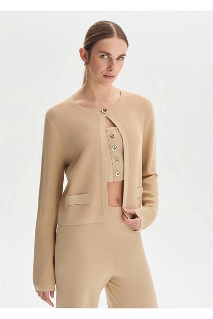 Beige Regular Fit Knitwear Jacket