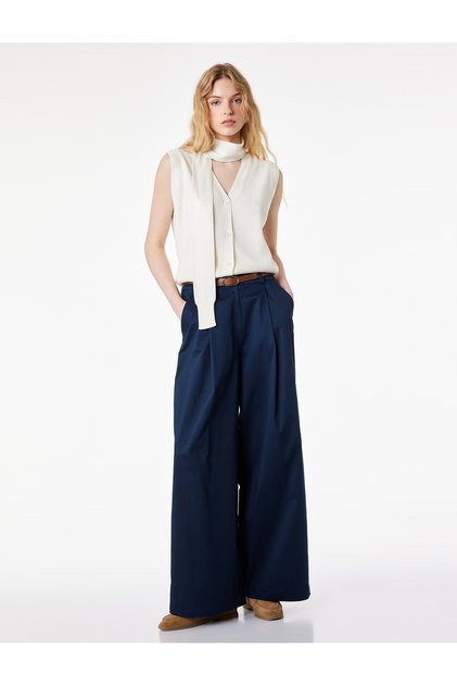 Cotton Pcs High Waist Wide Leg Pants, Belt Pcs High Waist Wide Leg Pants