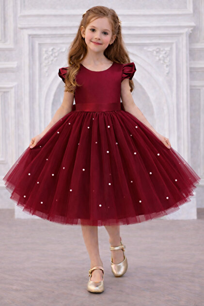 NSMLFE Girl's Burgundy Color Bow Detailed Pearled Graduation Birthday  Party Dress Princess Dress- Trendyol