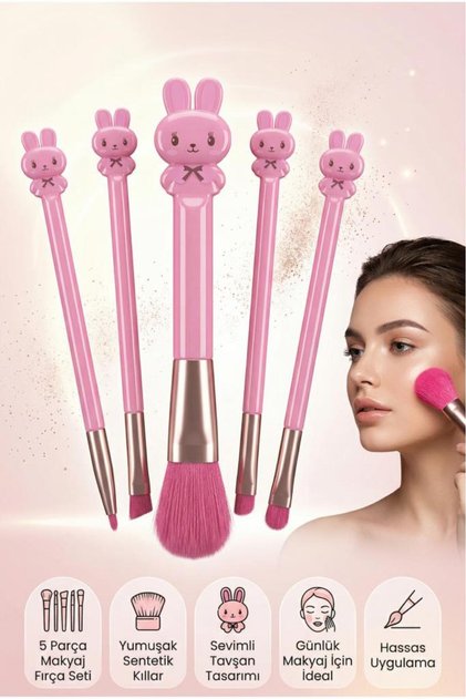 Tavşan Tasarımlı 5'li Makyaj Fırça Seti Pembe Renk